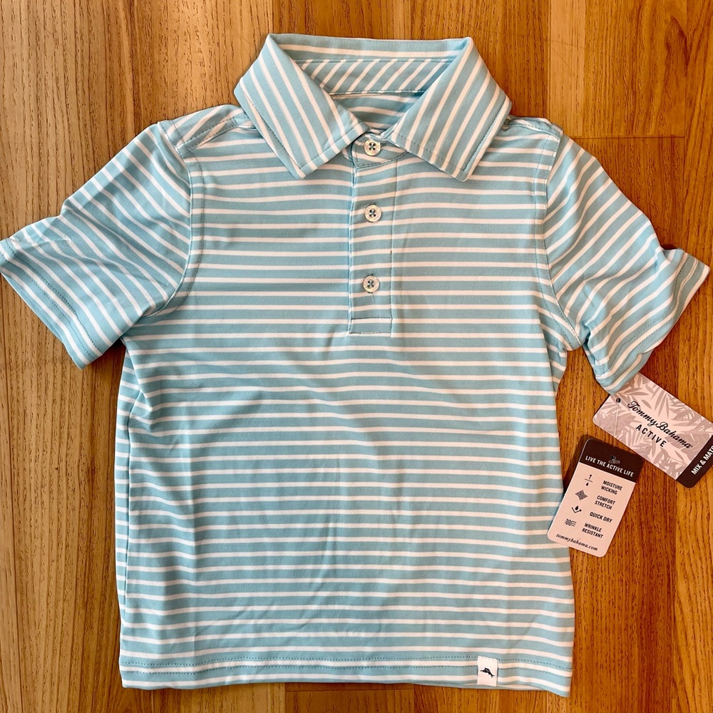Tommy Bahama Active Stretch Boys Aqua Blue Striped Polo Shirt XS (4)